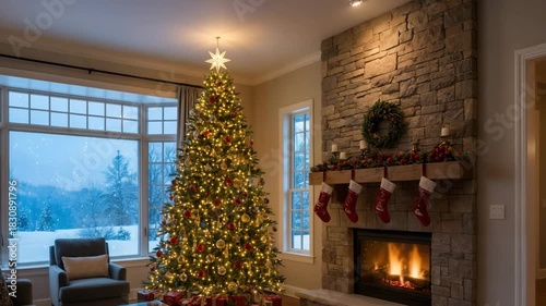 Cozy living room with a lit Christmas tree, fireplace, mantel with stockings, and snow outside