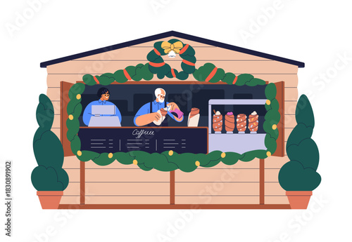 Christmas stall with festive pastry, bakery. Winter holiday street food kiosk, booth with trdelnik and happy vendors. Small business at Xmas. Flat vector illustration isolated on white background.