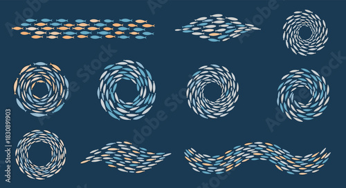 Abstract illustration of fish schools in various organized patterns, such as straight lines, waves, and swirling circles, on a deep blue background.