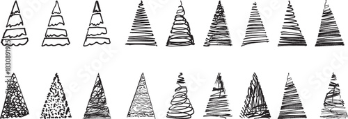 Handwritten doodle effect Christmas tree illustrations, textured lines, embodying the spirit of the holiday season, ranging from minimalist sketches to intricate details.
