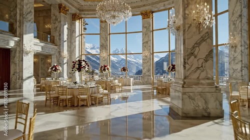 Elegant interior grand ballroom with mountain vista and floral decor for events