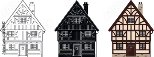 Set of three half-timbered houses vector illustration in different styles architecture design element