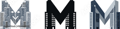 Letter M logo concepts with building shapes creative vector design for real estate or construction company branding isolated on white