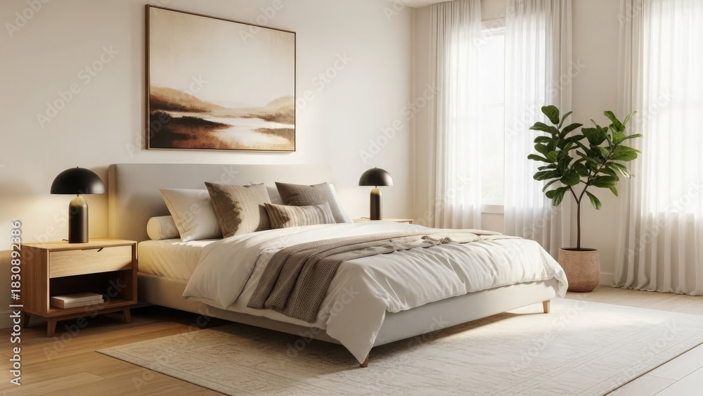 Fototapeta premium A bright, modern bedroom features a large bed with neutral bedding, artwork, and a potted plant near the window.