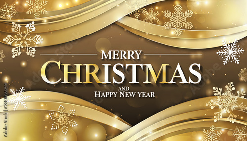 A festive golden holiday card featuring decorative snowflakes surrounding the message “Merry Christmas and Happy New Year” in elegant lettering.