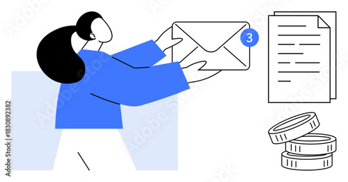 Woman reaching for an email envelope with a notification badge, alongside stacked coins and documents. Ideal for communication, email management, financial topics, document handling, notifications