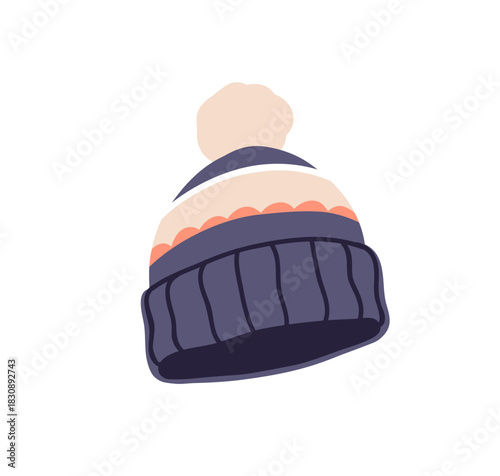 Warm knitted winter beanie hat with fold and pompom. Cozy woolen head wear, cold season accessory. Thick cap, headwear. Wool knitwear with hem. Flat vector illustration isolated on white background.
