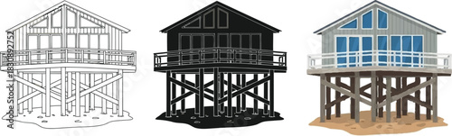Set of three stilt houses architectural vector illustration in outline silhouette and color isolated on white background