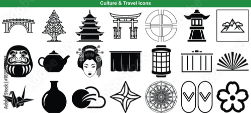 Collection of stylized Japanese landmarks, traditional objects, and cultural symbols for tourism
