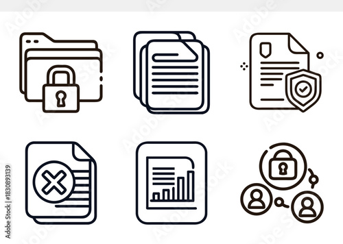 Data security icons isolated on a set of six line icons depicting data security concepts, including folder lock, document security, file protection, and data analysis
