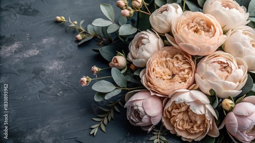 Fototapeta Naklejka Na Ścianę i Meble -  Soft pink peonies on a gentle lavender background with delicate white roses and eucalyptus leaves