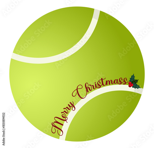 Christmas tennis illustration featuring ball, pine branches, holly, bows, bells and lights. Perfect for greeting cards, banners, labels and festive creative projects