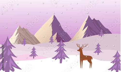 Enchanting winter wonderland scene with a graceful reindeer in a snow-covered pine forest under a soft purple sky with falling snowflakes