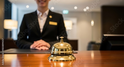Receptionist Woman Standing Behind Front Desk with Bell in Hotel Lobby