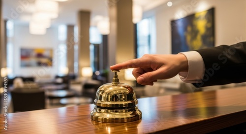Businessperson Pressing Service Bell in Modern Hotel Lobby