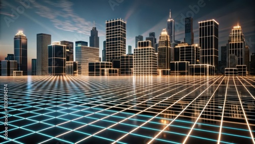 Futuristic cityscape with vibrant neon grid pattern background