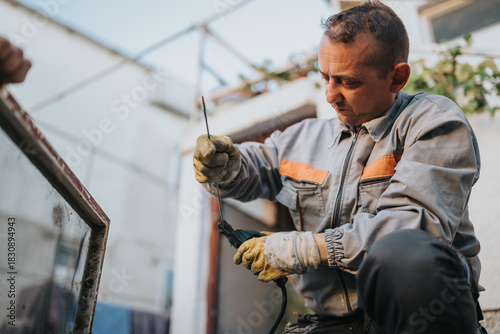 Tableau sur toile A focused male tradesman wearing a gray work suit with orange accents handles a tool to repair a glass panel at an outdoor construction site