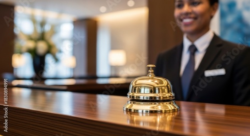Receptionist Woman in Formal Suit Smiling Behind Front Desk with Gold Service Bell in Modern Lobby