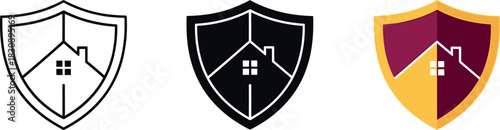 House inside a shield icon set vector illustration in line glyph and flat design for real estate and insurance concepts