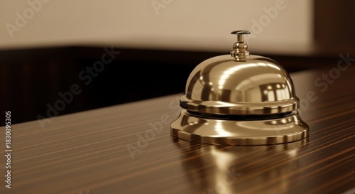 Golden Hotel Reception Bell on Wooden Counter in Elegant Interior