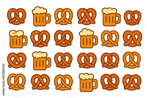 Repeating Design of Traditional German Pretzels and Beer Mugs for Oktoberfest