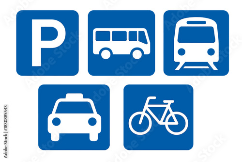Collection of public transportation and parking service icons presented in blue squares for navigation and signage