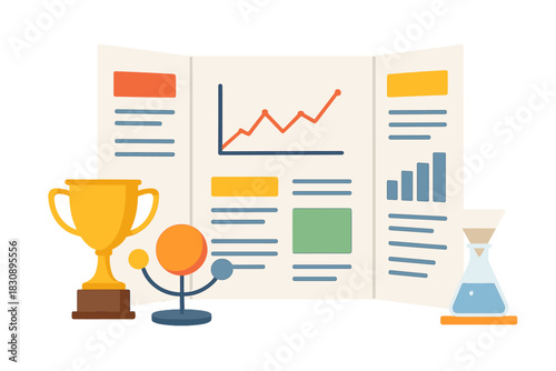 Business success presentation board with trophy, data charts, and time management elements
