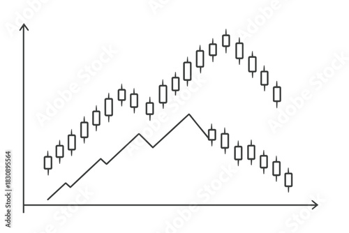 Black and white financial graph showing market volatility with line and candlestick patterns