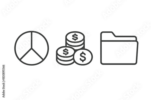 Outline icons set for business, finance, data analysis, pie chart, dollar coins, and folder
