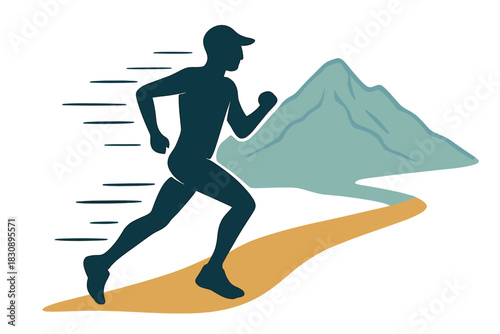 Dynamic silhouette of a male runner sprinting on a mountain trail path