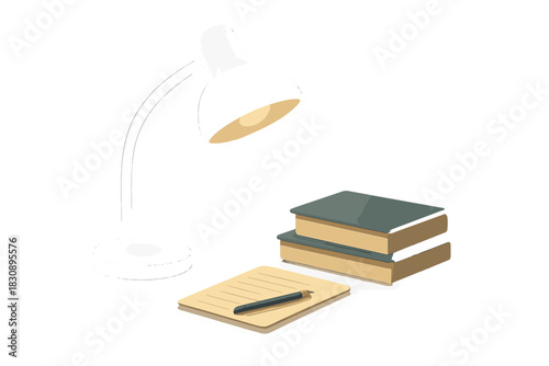 Desk lamp illuminating stack of books and notepad with pen for focused study