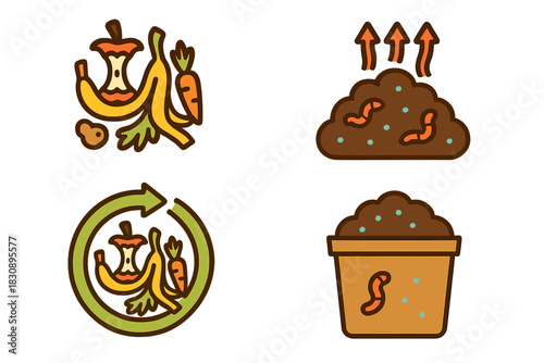 Colorful icons illustrating the process of composting organic food waste and recycling