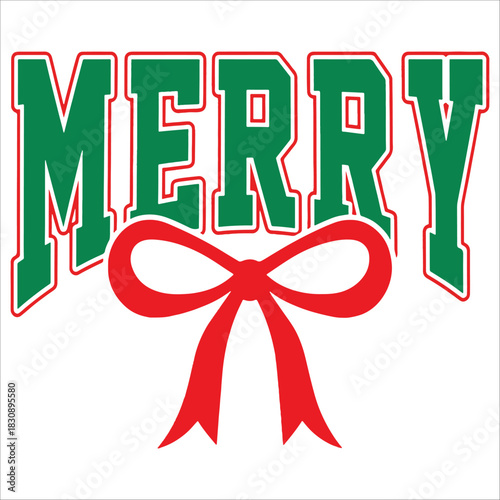 Merry Text With Bow In Christmas Theme