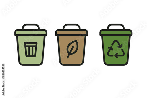 Set of icons showing colored bins for general, organic, and recyclable waste sorting