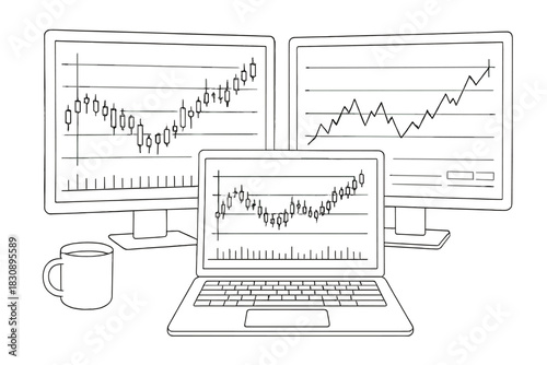 Financial trading workspace showing candlestick graphs on computer screens and a notebook computer