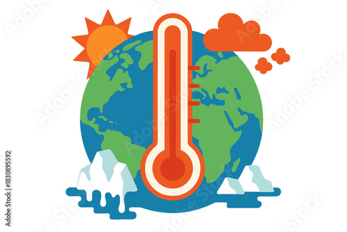 High temperature thermometer on Earth illustrating global warming and climate change with melting ice