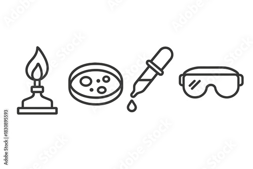 Scientific laboratory tools and safety equipment icons set for research