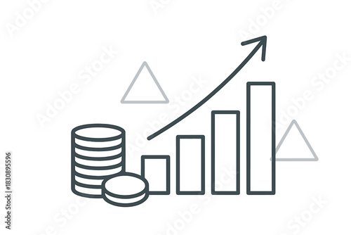 Financial success concept showing increasing bar chart with stacked coins and upward trend arrow