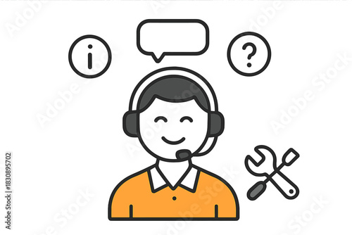 Smiling customer service agent wearing a headset surrounded by technical support icons