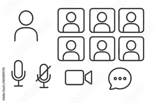 Line icons for video conferencing interface controls, user profiles, microphone, and camera
