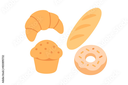 Assortment of popular bakery items: croissant, baguette, muffin, and donut