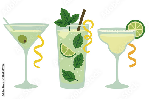 Set of three classic alcoholic cocktails including Martini Mojito and Margarita drinks