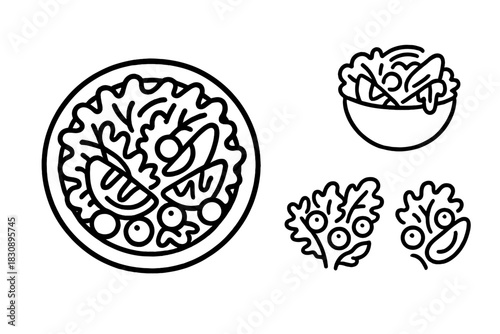 Minimalist black and white icons of healthy vegetable salad and fresh ingredients
