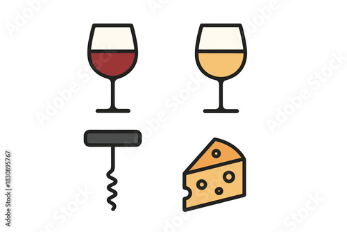 Minimalist set of icons depicting wine glasses, corkscrew, and cheese for pairing