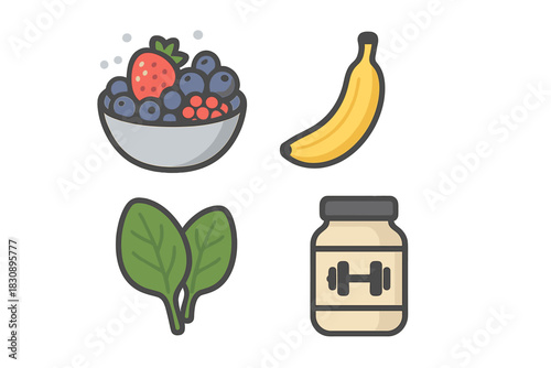 Healthy eating and fitness nutrition essentials including berries, banana, spinach, and protein powder