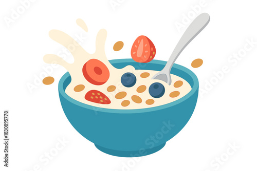 Dynamic breakfast bowl with cereal, berries, and milk splashing on a white background