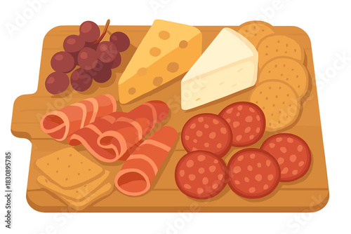 Gourmet charcuterie board with cheese, cured meat, grapes, and crackers