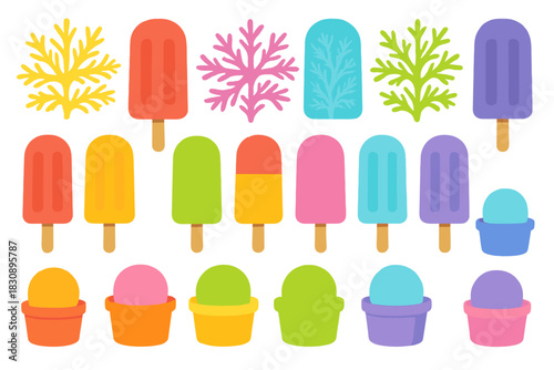 Vibrant collection of frozen desserts, popsicles, ice cream, and abstract coral shapes
