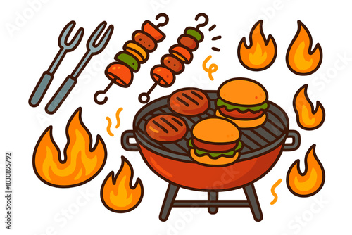 Summer grilling party with charcoal barbecue, food, fire, and cooking tools