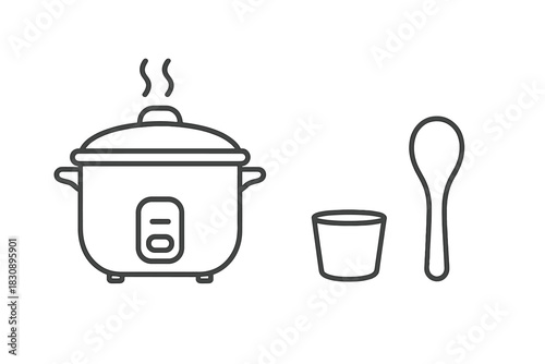 Electric rice cooker appliance with steaming food measuring cup and serving spoon